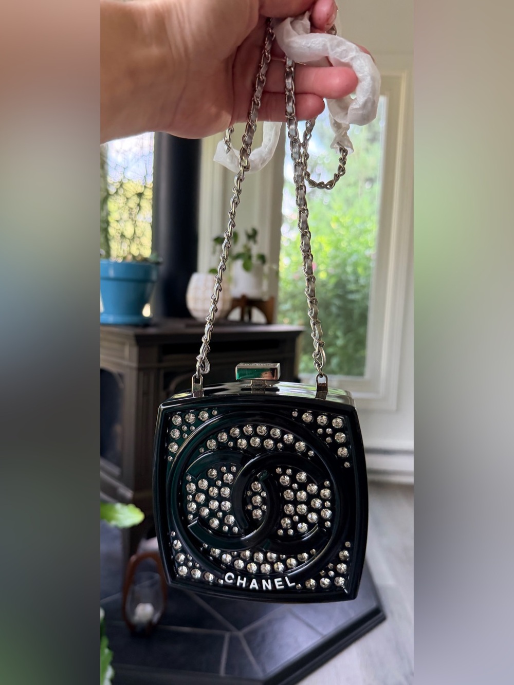 Fashion Chanel Black Crystal ‘CC’ Clutch w Silver Tone Leather Link Chain NEW - Picture 2 of 16